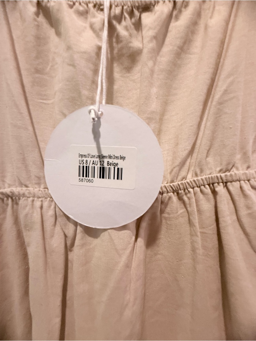 Beige Long-Sleeve Peasant Mini Dress with Tie Front - Picture 6 of 7